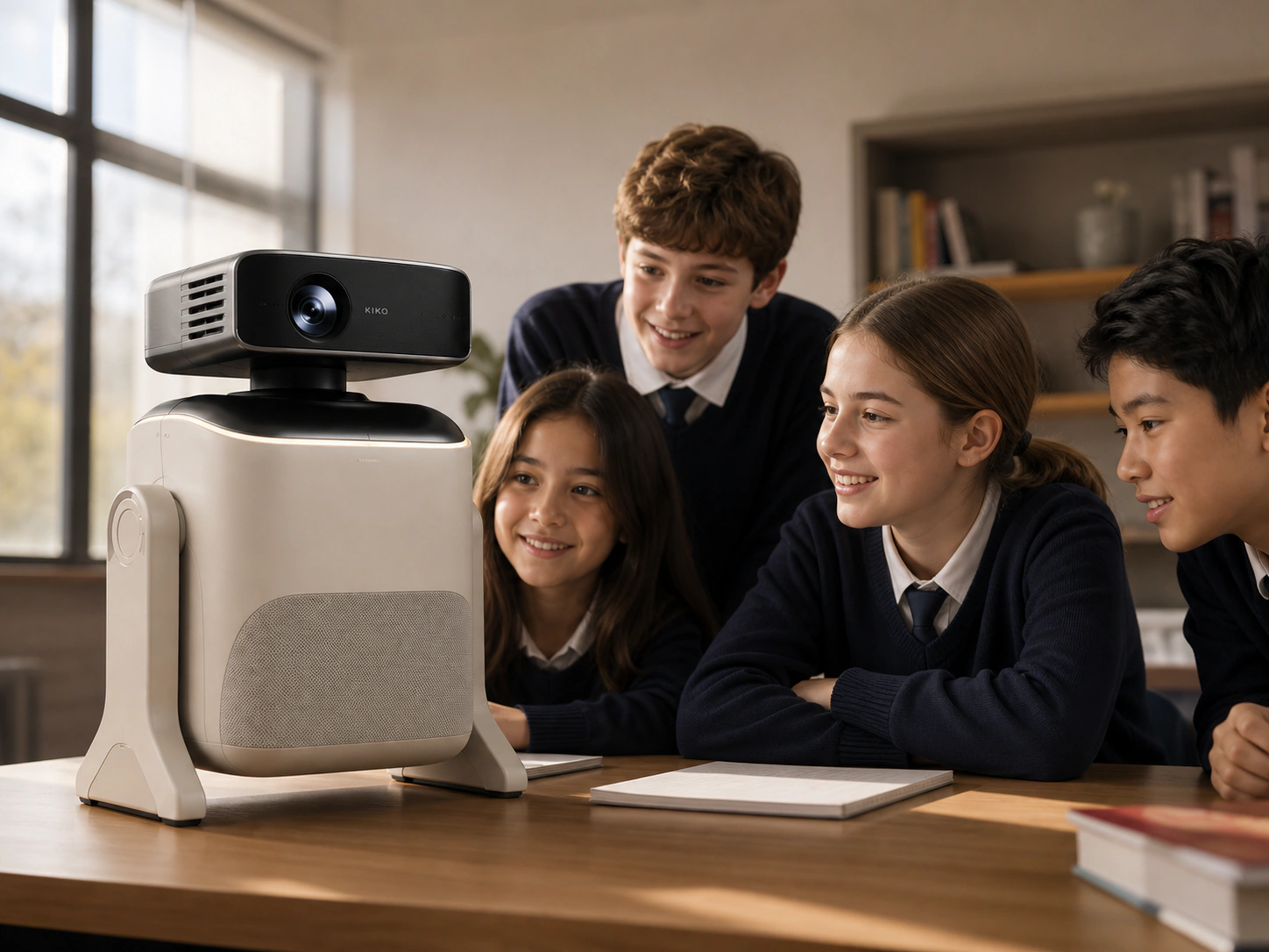 KIKO classroom robot with four students gathered around it